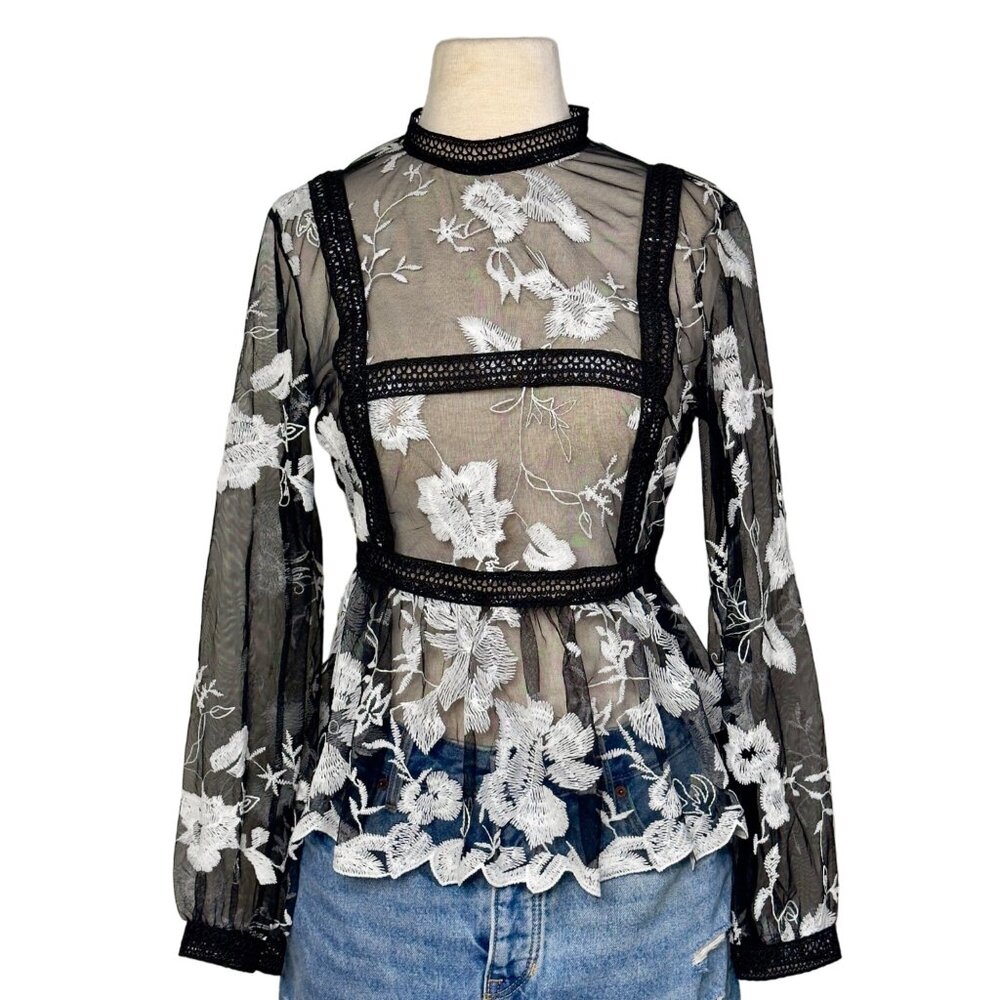 Garcia NY Black White Lace Trim Floral Sheer Mesh Embroidered Blouse Size S NEW!